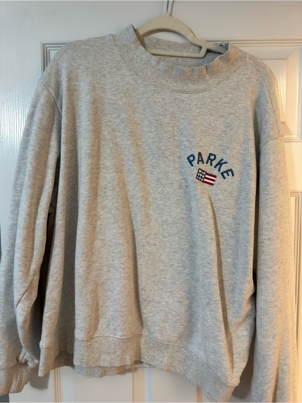 Parker Light Gray Crewneck Sweatshirt with Flag Graphic